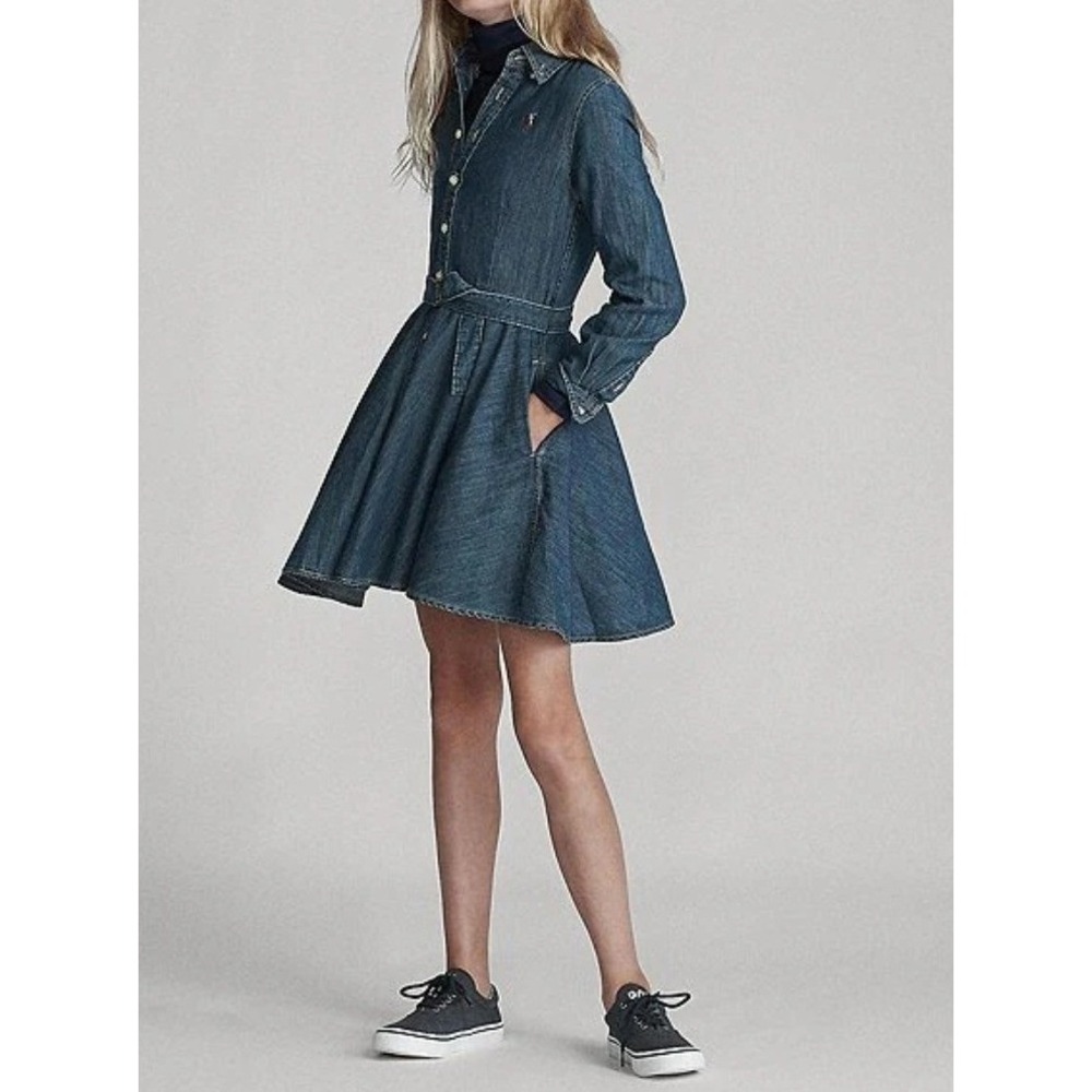 Polo Ralph Lauren Kids Girls Blue Denim Fit & Flare Shirt Dress Size 16